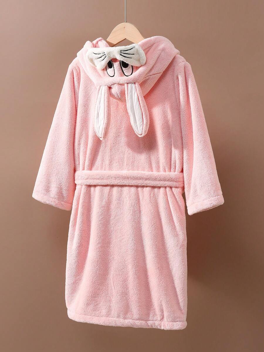 Bata de baño suave, absorbente y linda con diseño 3D de conejo para niñas preadolescentes, adecuada para primavera, otoño e invierno - Rosa - Ver 1