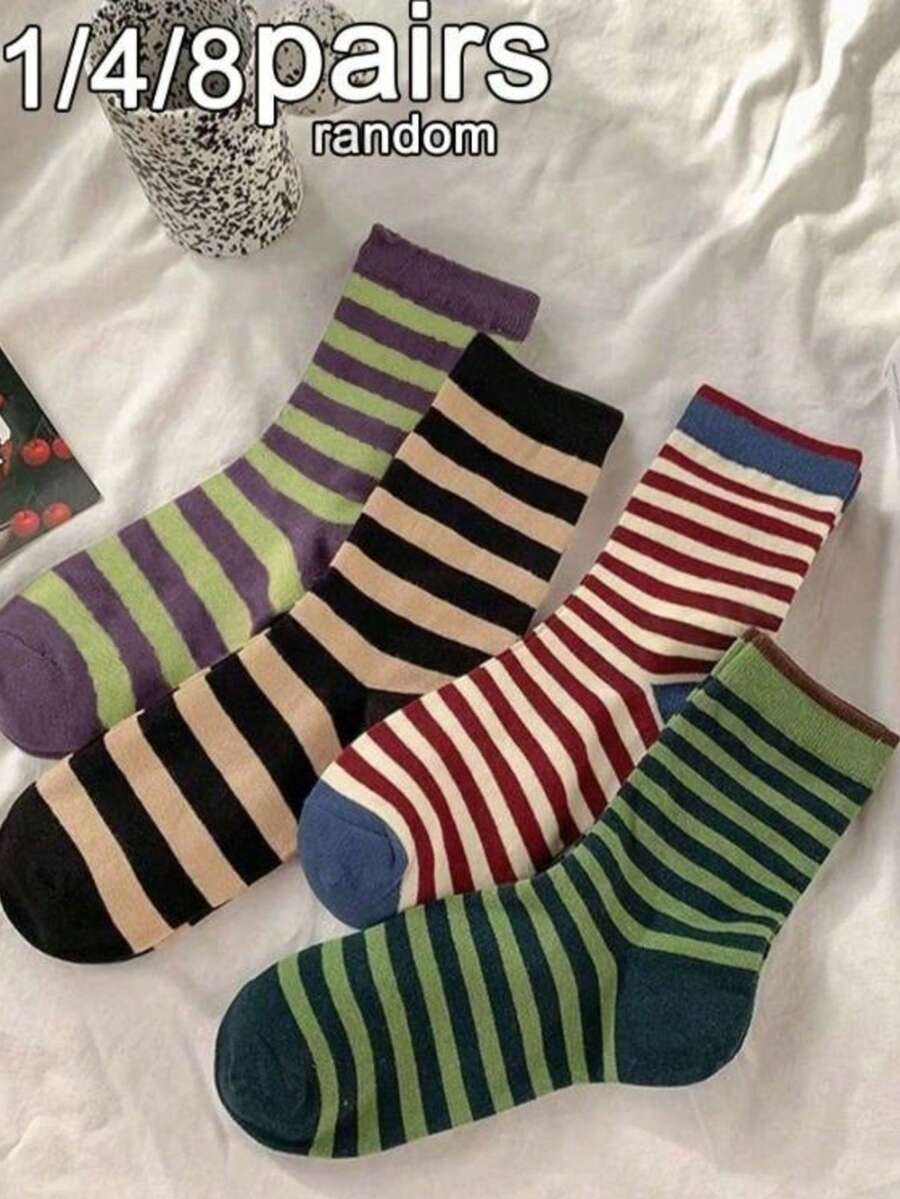 4 Pairs (Random) Women's Striped Mid-Calf Socks, Unique Fashion Versatile, Soft & Comfortable, Medium Thick, Suitable For Daily Wear, Christmas Gift (8/12/15) - Multicolor - View 1