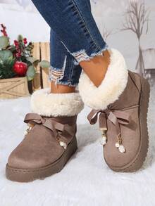 Women's Faux Suede Thick Sole Snow Boots, Foldable Plush Sock Collar With Bow Ribbon And Pearl Pendant Decoration - Grey - View 1