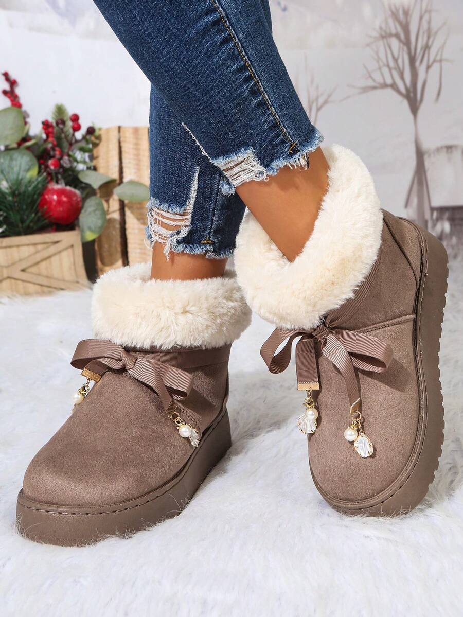 Women's Faux Suede Thick Sole Snow Boots, Foldable Plush Sock Collar With Bow Ribbon And Pearl Pendant Decoration - Grey - View 1