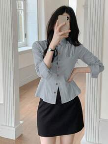 YCYC Solid Color Lapel Women's Casual Versatile Long Sleeve Button-Down Shirt - Grey - View 1