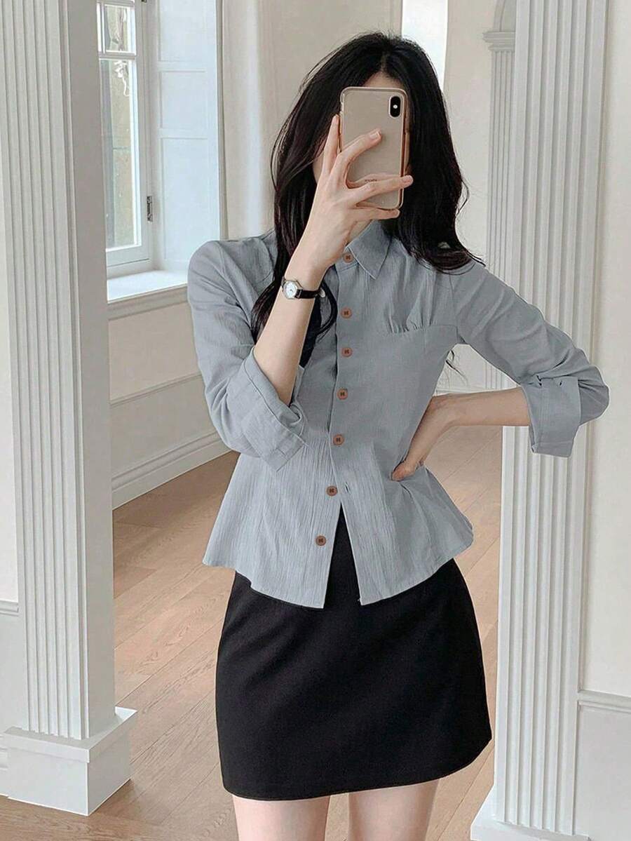 YCYC Solid Color Lapel Women's Casual Versatile Long Sleeve Button-Down Shirt - Grey - View 1