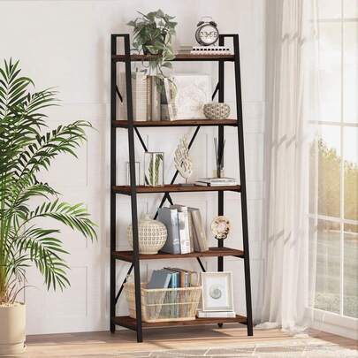 5‑Tier Industrial Freestanding Ladder‑Style Bookshelf, Engineered‑Wood & Metal X‑Back Display Storage Shelf With Adjustable Feet & Anti‑Tip Strap Home Office, Kitchen, Bedroom And Balcony