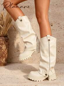 planare New Women's Fashion Minimalist Autumn/Winter Ruched Design Beige High-Top Boots With Metal Buckle Decor, Side Zipper, Thick Sole, Chunky Heel, Loose Leg Opening, Motorcycle Rider Long Boots - Beige - View 4