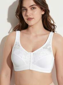 Rosiemei Plus Size Women's Front Closure Wireless Lace Patchwork Supportive Push-Up Bra - White - View 3