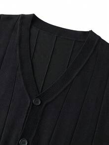 Men's V-Neck Button-Front Ribbed Knit Cardigan, Casual Layering Long Sleeve Sweater - Black - View 6