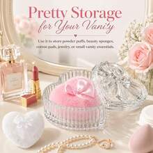 Bowknot Heart-Shaped Glass Cosmetic Jar With Lid And Fluffy Heart-Shaped Powder Puff, Victorian Style Luxury Cosmetic And Jewelry Storage Box, Elegant Bathroom Decor Box, Elegant Heart-Shaped Decorative Powder Jar, Classic Cosmetic Jar, Bathroom Vanity Essential, Ideal Gift - Clear - View 5