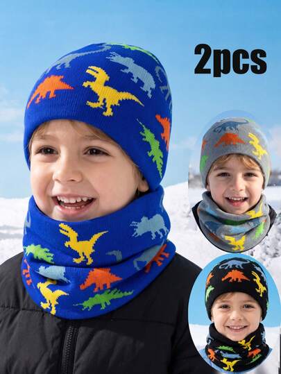 2pcs/Set Boys Knit Beanie + Scarf Set, Children's New Simple Dinosaur Knit Beanie Scarf Set, Autumn Winter Warm 2 Pieces Set, Winter Accessory Set, Kids Knit Beanie Scarf Set