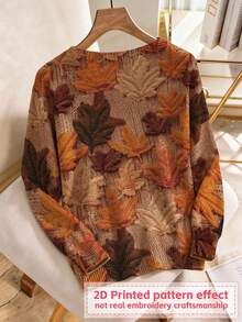 Women's Autumn V-Neck Pullover Knit Sweater, Vintage Maple Leaf Print, Eye-Catching Outfit For Outings - Multicolor - View 4