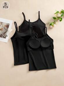 3pcs/Pack Multi-Color Solid Underwear Tank Tops, Fixed Cup With Adjustable Straps, Soft Suit-Like Fabric Layering Camisole - Black - View 1