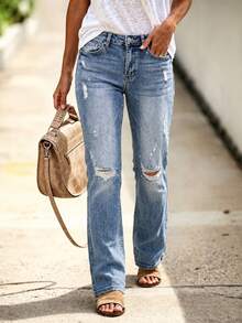 New Women's Fashion Elastic Distressed Skinny Jeans With Pockets - Elastic Straight Leg Jeans Casual Spring Fall - Medium Wash - View 2