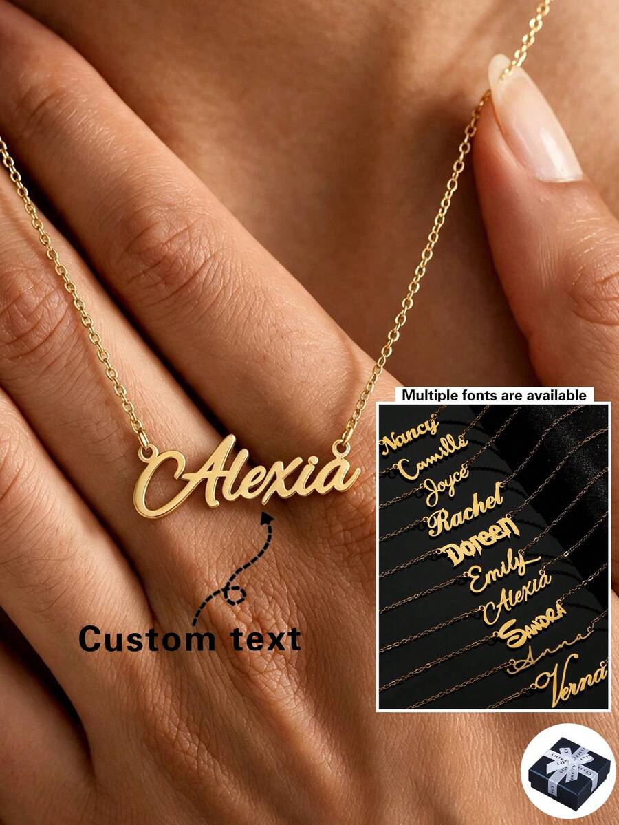 Custom Stainless Steel Engraved Necklace, Personalized Minimalist Font, Suitable For Couples, Friends, Mother's Day, Gold Back To School Season, Teenagers, Wedding Gift, Birthday Gift, Graduation Gift, Thoughtful Non-Fading - Gold - View 1