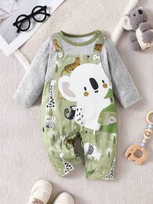 Baby 2-In-1 Faux Layered Overalls Romper, Cute Koala Jungle Animal Print Long Sleeve Infant Jumpsuit - Olive Green - View 2