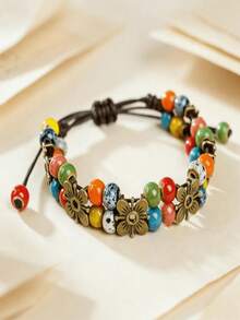 1pc Flower Ceramic Bracelet, Non-Fading, Women's High-End Adjustable New Chinese Style Hand Rope Accessory - Multicolor - View 3