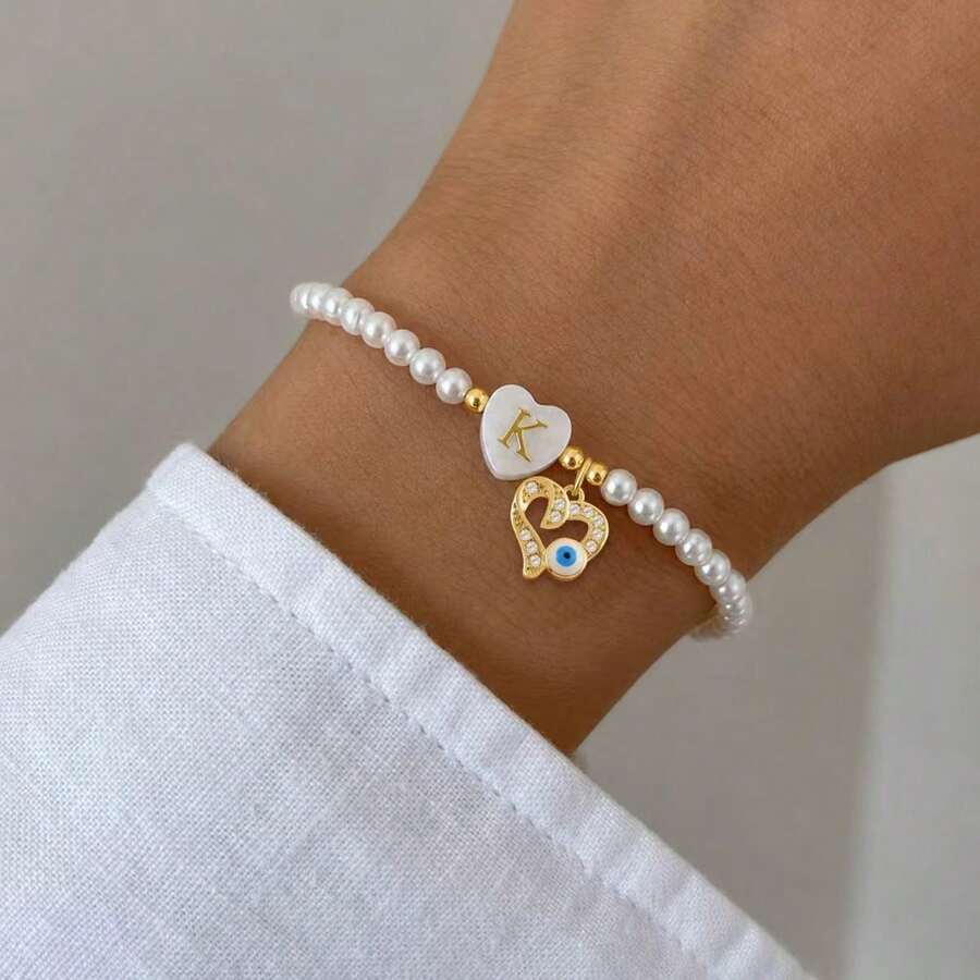 1pc New Classic Heart Eye Initial Pendant Beaded Bracelet For Women - White - View 1