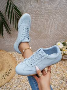 Grey-Blue Faux Suede Lace-Up Sneakers, Women's Soft Flat Casual Retro Training Shoes, Suitable For Daily Walking - Baby Blue - View 4