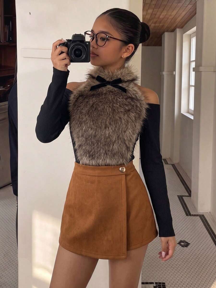 Tween Girls Halloween & Christmas Atmosphere 2 Pieces Set, Faux Fur Fuzzy Warm Cold Shoulder Long Sleeve Top With Suede A-Line Skirt Shorts - Mocha Brown - View 1