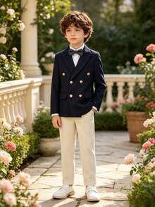 Boys Handsome Fashion Double-Breasted Gentleman Suit Set, Suit Jacket + Pants + Bow Tie, 3 Pieces Set, Suitable For Wedding, Flower Boy, Performance, Party, Banquet And Other Formal Occasions - Navy Blue - View 4