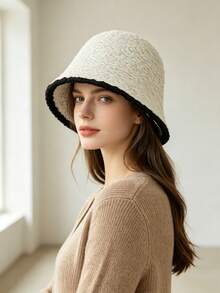 Bucket Hat, Japanese Style Face-Slimming, Black Knitted Plush Bucket Hat, Sun Protection, Face-Slimming, Bucket Hat, Versatile For Outings, Travel Essential, Travel Must-Have, Fashionable And Versatile, Matches Any Outfit, Perfect For Walking, Great For Photos, Gift For Women, Gift For Girlfriend, Gift For Best Friend, Women's Accessory, Personalized Gift, Fun Gift. - Multicolor - View 4