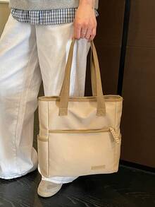 1件純色複合布料極簡Ins風多拉鍊口袋防水大容量可折疊女款工作包，適合女士日常通勤、外出、購物、旅行、度假，簡約行李收納，學生校園托特包，女友節日禮物 - 卡其色 - 查看 6
