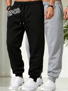 Father's Day Gift, 2pcs Men's Drawstring Waist Solid Color Sports Long Pants Black Minimalist Fitness Basic Style Fall - Multicolor - View 2