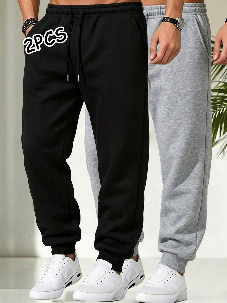 Father's Day Gift, 2pcs Men's Drawstring Waist Solid Color Sports Long Pants Black Minimalist Fitness Basic Style Fall