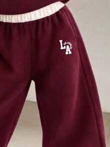 Tween Girl Cartoon English Graphic Print V-Neck Long Sleeve Warm Sweatshirt And Pants - Burgundy - View 4