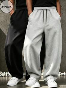 2pcs Men's Plus Size Elastic Waist Drawstring Wide Leg Solid Color Sweatpants, High Drape Loose Straight Leg Casual Sports Long Pants - Multicolor - View 9