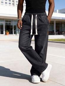 Men's Drawstring Elastic Waist Jeans, Vintage Distressed Washed Black Gray, Loose Straight Leg Fit, Suitable For Creating A Relaxed, Comfortable Daily Commute And Travel Look. - Black - View 2