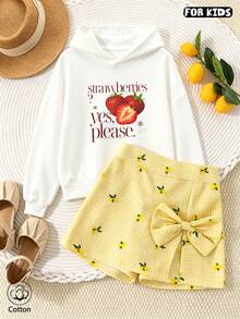 Girls Casual Loose Fit Hoodie With Strawberry Print & Lettering, Soft Breathable Long Sleeve Pullover For Spring Fall Daily Wear Or Outdoor Activities - White - View 3