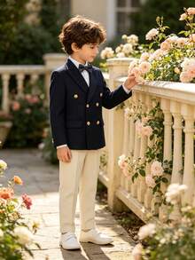 Boys Handsome Fashion Double-Breasted Gentleman Suit Set, Suit Jacket + Pants + Bow Tie, 3 Pieces Set, Suitable For Wedding, Flower Boy, Performance, Party, Banquet And Other Formal Occasions - Navy Blue - View 6