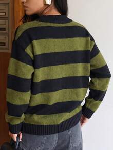 Teenage Girls Autumn/Winter Black & Green Wide Striped Crew Neck Sweater, Loose Casual Drop Shoulder Long Sleeve Knit Pullover - Green - View 4