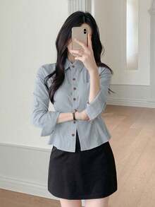 YCYC Solid Color Lapel Women's Casual Versatile Long Sleeve Button-Down Shirt - Grey - View 4