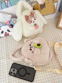 XD Cute Rabbit Plush Handbag For Kids, Round Cartoon Rabbit Design Soft Plush Material, Handheld/Crossbody Design Fits Children's , Can Store Small Snacks, Hair Accessories, Coins And Other Small Items, Suitable For School, Outings, Matches Autumn/Winter Children's Clothing, Adorable And Charming, Perfect Valentine's Day/New Year/Birthday Surprise Gift For Little Girls - Multicolor - View 2