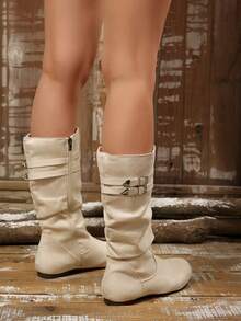 2026 Autumn/Winter American Hot Girl Punk Style Metal Rivet Belt Buckle Slouch Boots Women Pointed Toe Inner Height Slimming Ruched Wide Leg Knight Boots New Arrival - Off-white - View 4