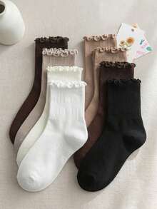 6/12/18 Pairs Girls Ruffle Socks Solid Color Ribbed Soft Elastic Cuff Kids Socks Back To School Daily Wear Fall Socks Halloween Christmas Gift - Multicolor - View 1
