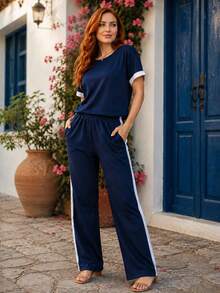 Women's Summer Wide-Leg Pants And Short Sleeve Top Set - 海軍藍 - 查看 5
