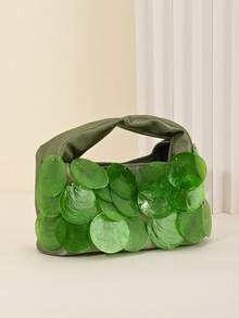 Fashionable Y2K Style Seashell Disc Decorated Evening Clutch Bag, Suitable For Parties, Weddings, Cocktail Parties, And Formal Occasions. - Olive Green - View 4