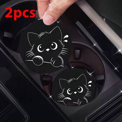2pcs Black And White Cat Pattern Car Cup Holders, Decorate Vehicle, Protect Interior, Non-Slip Design, Suitable For Most Car Models, A Great Gift, 2D Pattern