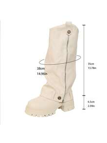 planare New Women's Fashion Minimalist Autumn/Winter Ruched Design Beige High-Top Boots With Metal Buckle Decor, Side Zipper, Thick Sole, Chunky Heel, Loose Leg Opening, Motorcycle Rider Long Boots - Beige - View 10