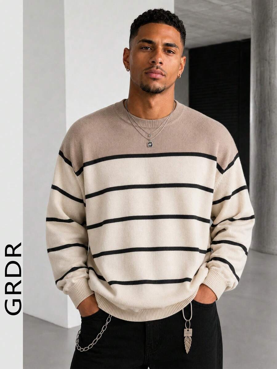 GRDR 1pc Men's Autumn/Winter Casual Colorblock Knit Top - Apricot - View 1