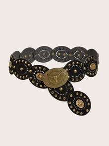1pc Western Cowgirl Bohemian Style Women's Belt, Black Patchwork Cow Head Design, Suitable For Dresses, Jeans, Loose Shirts, Western Cowboy Outfits, Casual, Gatherings, Parties - Black Bull Head Patchwork Belt - View 32