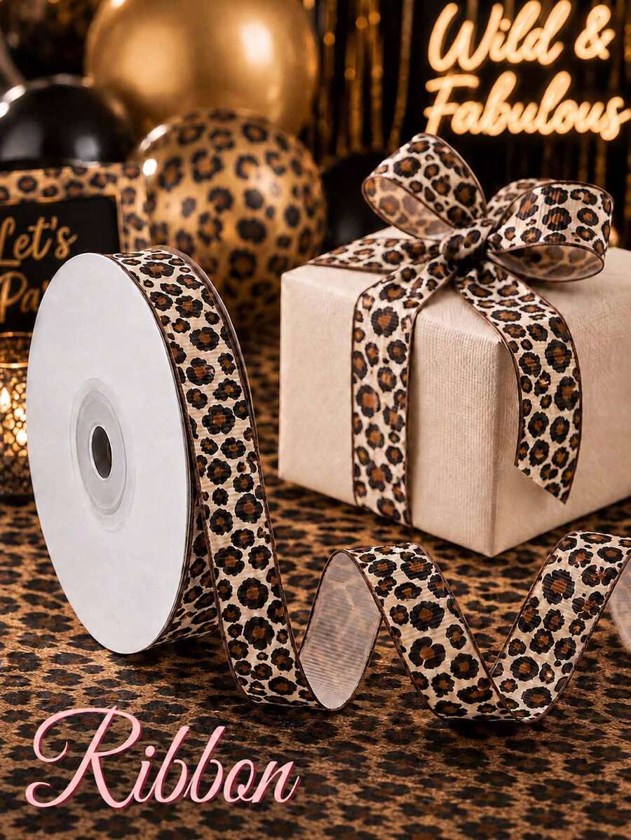 1/3 Roll Leopard Print Ribbon; Elegant Leopard Print Decorative Ribbon Bows, Suitable For Winter Holiday Parties, Gift Boxes, Weddings, Flowers, DIY Bows And More - Brown Leopard Print - View 1