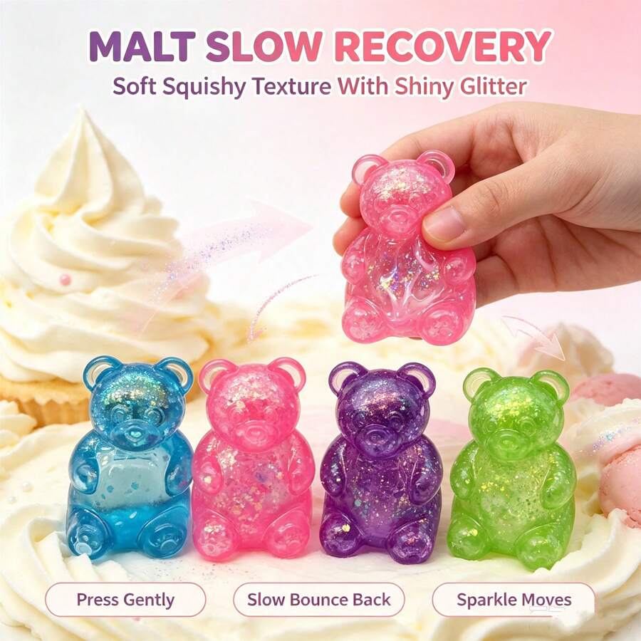 1PC Glitter Bear Squishy Toy, Super Soft Slow Rebound Stress Relief Toy, Sequin Filled Cartoon Bear Desktop Healing Decor - Multicolor - View 1