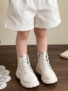 1 Pair Kids Classic Lace-Up Boots With Side Zipper For Easy On/Off, Leather Boots Suitable For Daily Wear, Casual Outings, School Commute, Autumn/Winter - Beige - View 3
