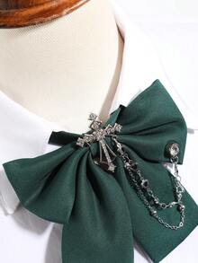 1PC Black/Red/Green/Khaki Bow Tie With Rhinestone Cross & Heart Chain Decor Adjustable Shirt Collar Accessory - Multicolor - View 3