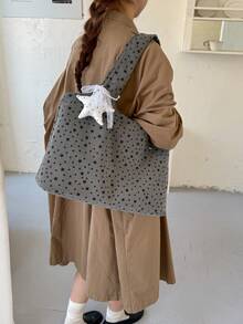 1件女款拼色尼龍肩背托特包，時尚大容量配五星裝飾，適合購物、度假與旅行 - 灰色 - 查看 5