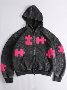 Shwiy Men's Autumn Hooded Cardigan Pink Towel Embroidery Puzzle Pattern Streetwear Casual Style Double Zipper Jacket - Black - View 2
