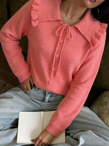 Women's Autumn/Winter Vintage Large Lapel Ruffle Knit Cardigan, Girlish Frill Collar Knit Cardigan Fall - Watermelon Pink - View 4
