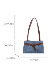 1pc Blue Colorblock PU Women's Large Capacity Shoulder Bag With Strap Decoration - Blue - View 6